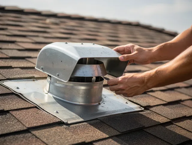 Bay Village Dryer Vent Cleaning certified technician safely cleaning a roof-mounted dryer vent in Bay Village