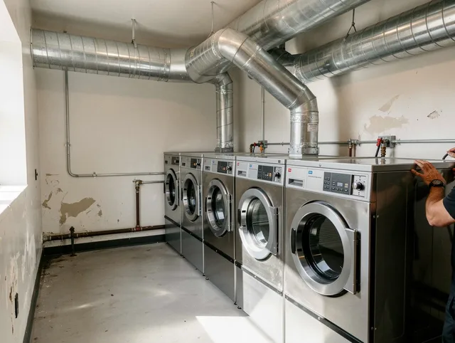 Bay Village Dryer Vent Cleaning team performing large-scale commercial dryer vent cleaning in Bay Village