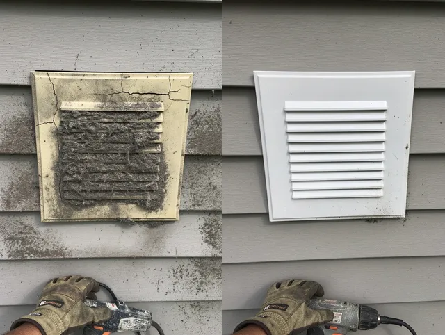 Bay Village Dryer Vent Cleaning technician installing high-quality dryer vent cover at a residential property in Bay Village