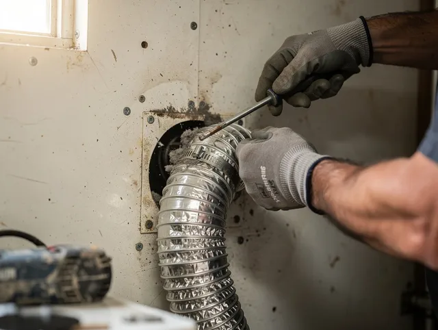 Bay Village Dryer Vent Cleaning technician performing precise dryer vent hose installation in Bay Village